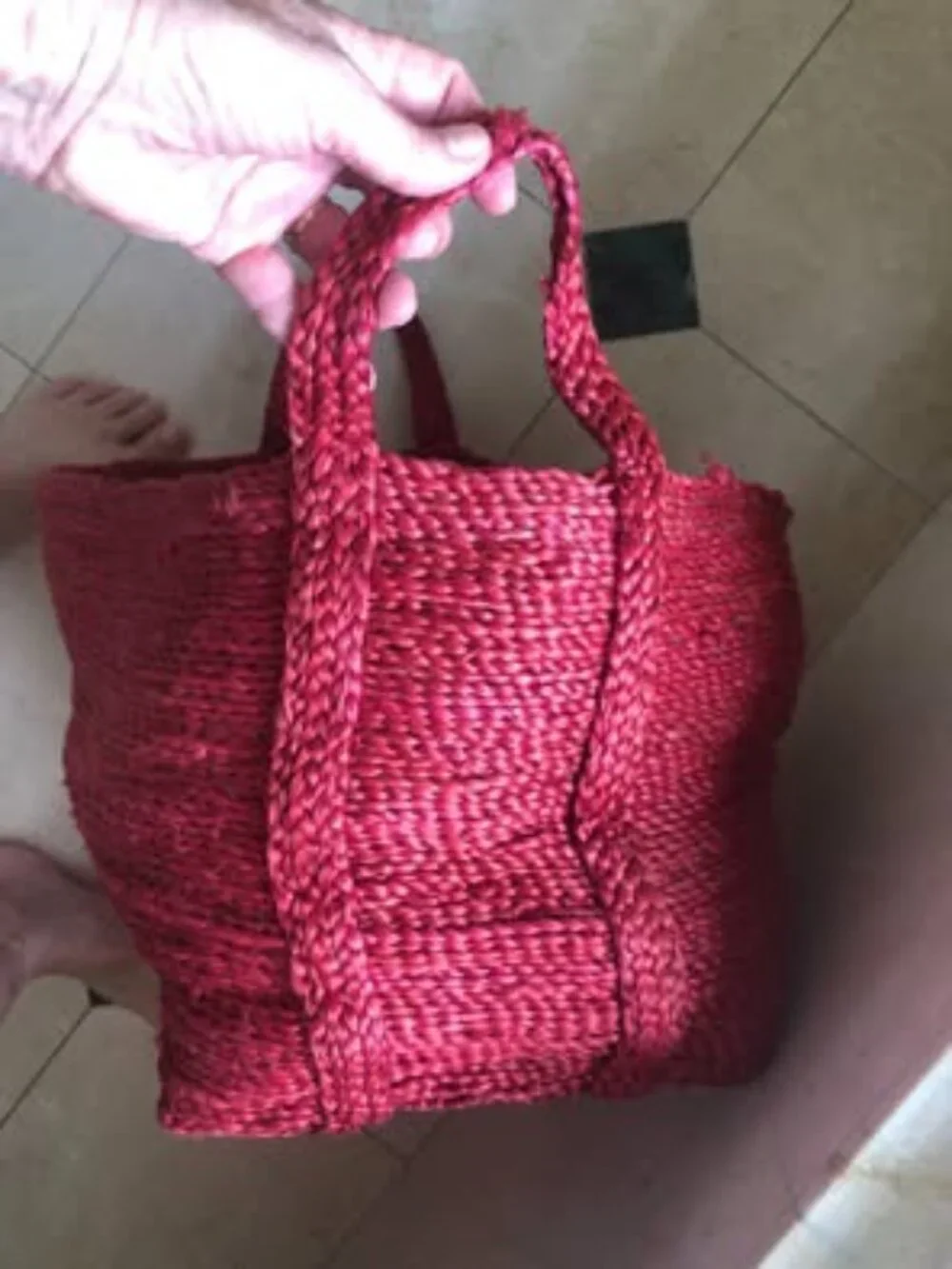 Jute hand braided bag woven wide space storage tote red